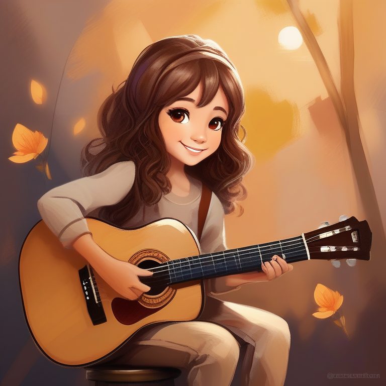 油画印象温暖地球色系Q版女孩弹吉他