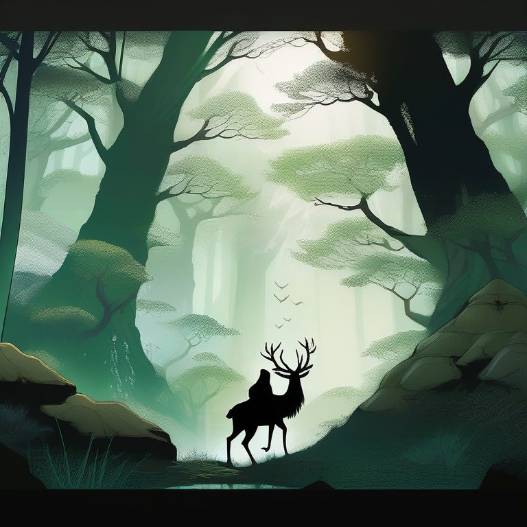 幽静森林中剑士与灵鹿邂逅