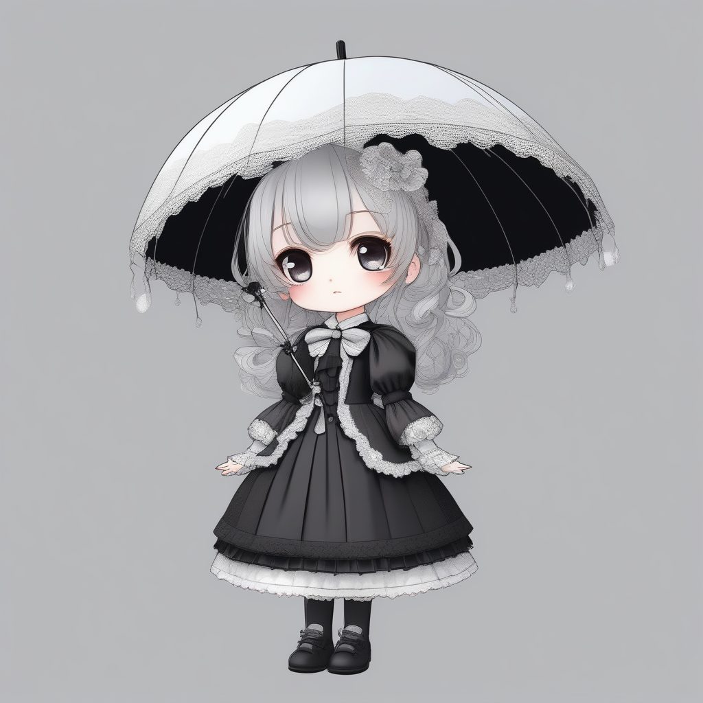 优雅黑白洛丽塔Q版人物:蕾丝与蝴蝶结的精致全身描绘