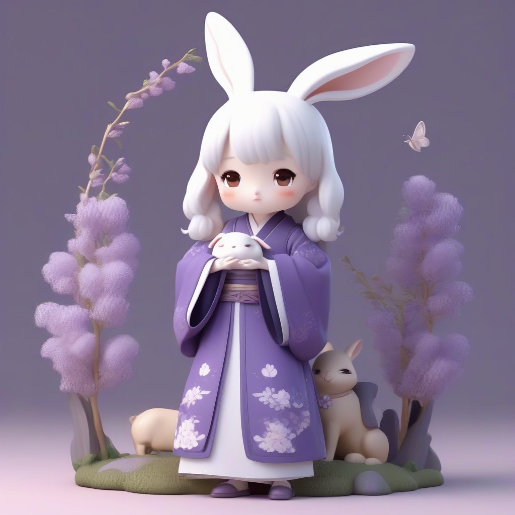 优雅紫色汉服：温柔抚摸白兔的盲盒手办全身图