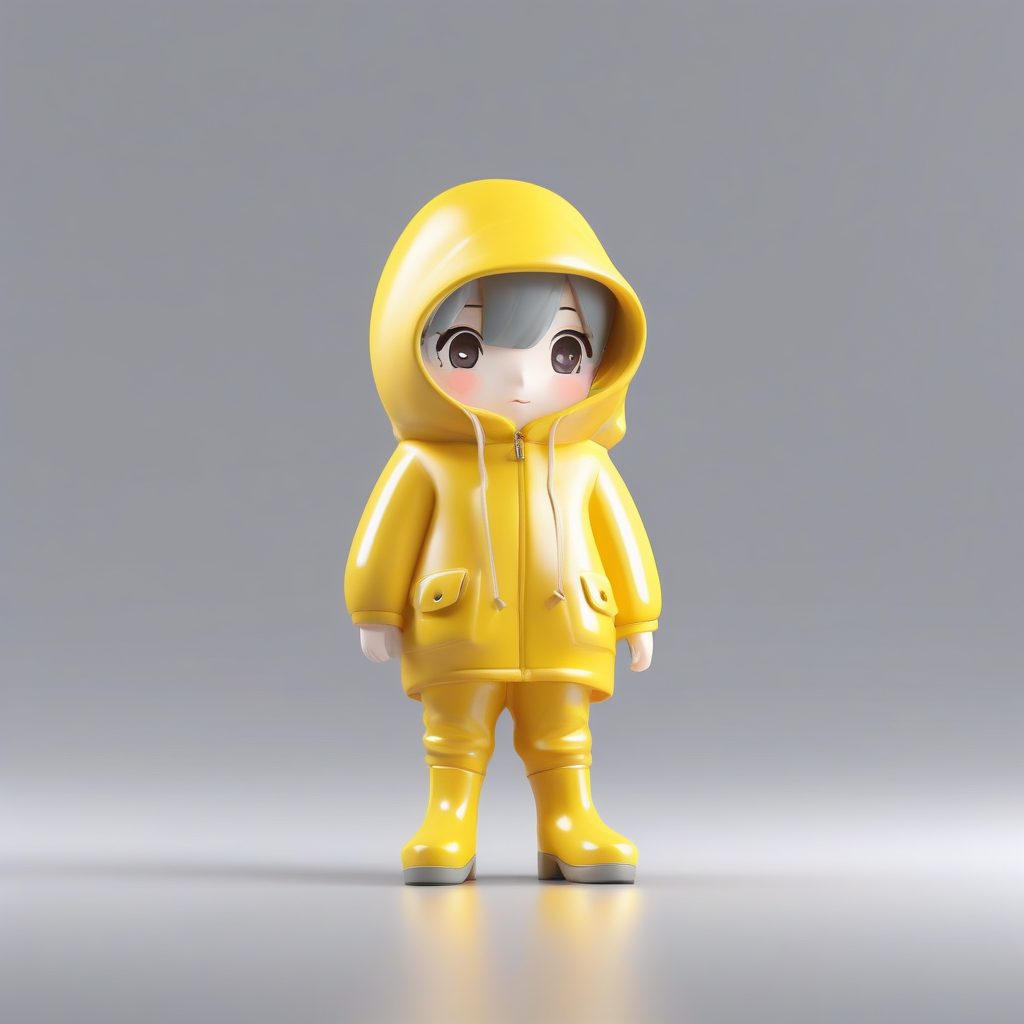 雨滴水洼Q版人物：反光雨靴与内敛表情，板岩灰纯色背景