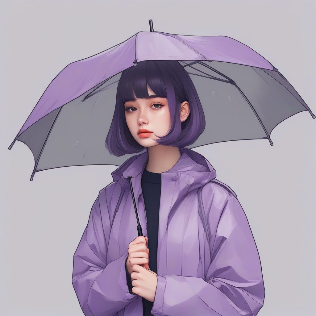 雨滴与透明伞：紫色雨衣少女的极简动漫肖像