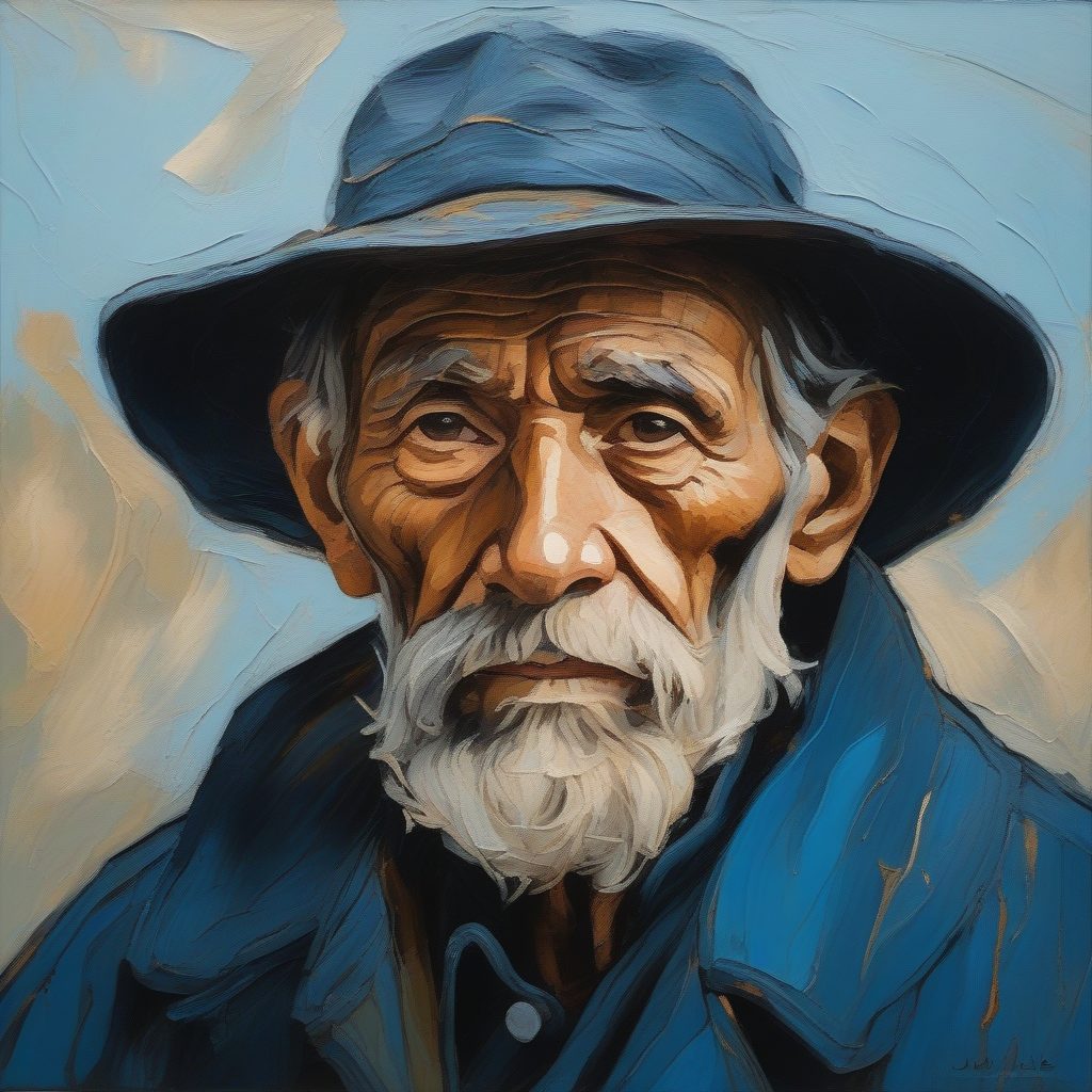 渔夫肖像：富有情感的厚重笔触人物油画AI提示词