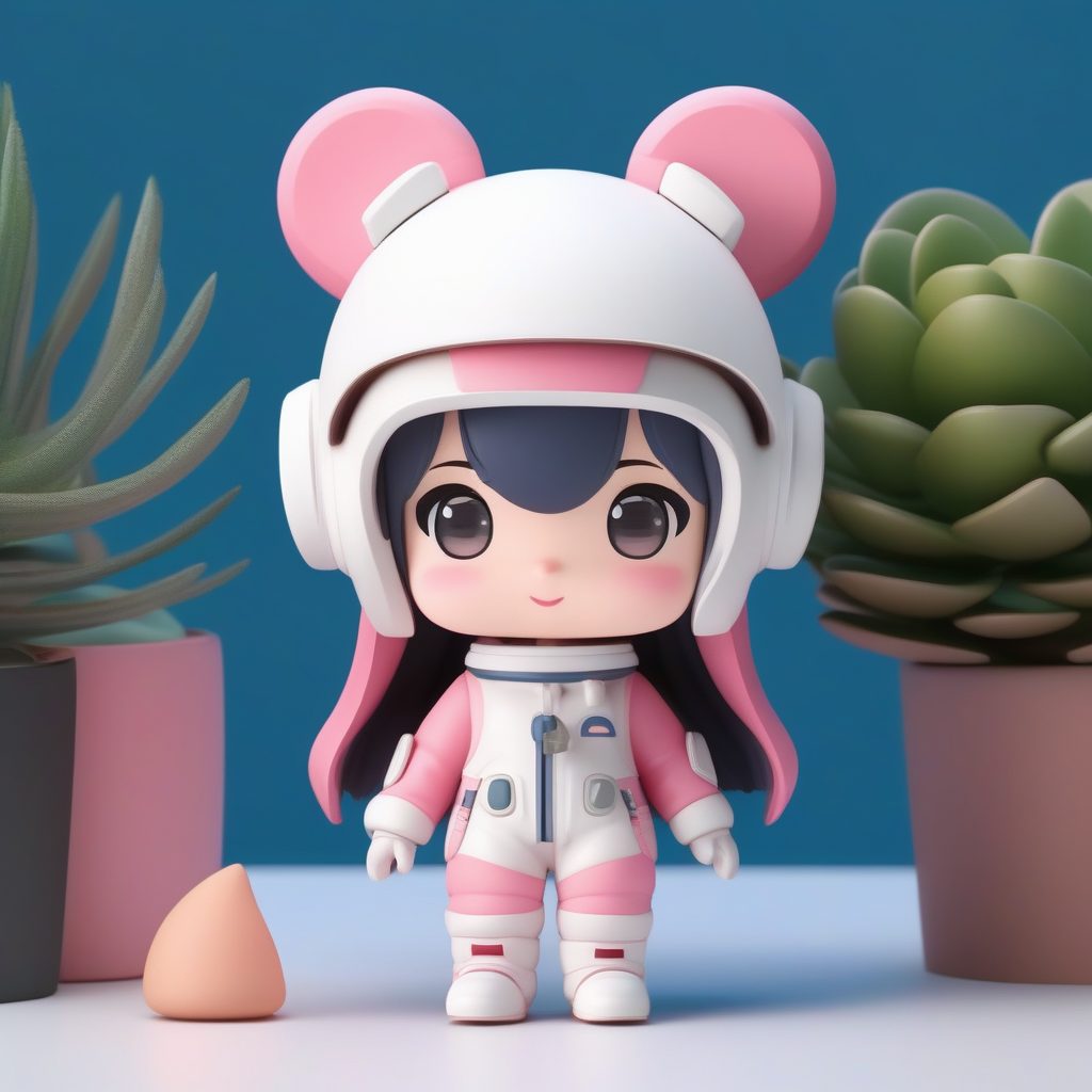 宇航园丁Q版女孩：3D粘土航天服与多肉植物主题渲染