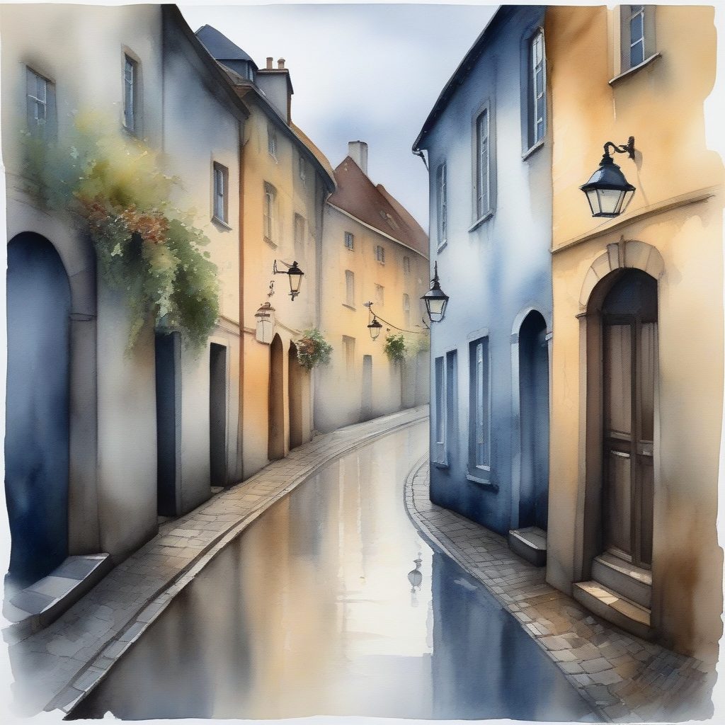 雨后欧洲老街：灰蓝调大气透视水彩建筑提示词