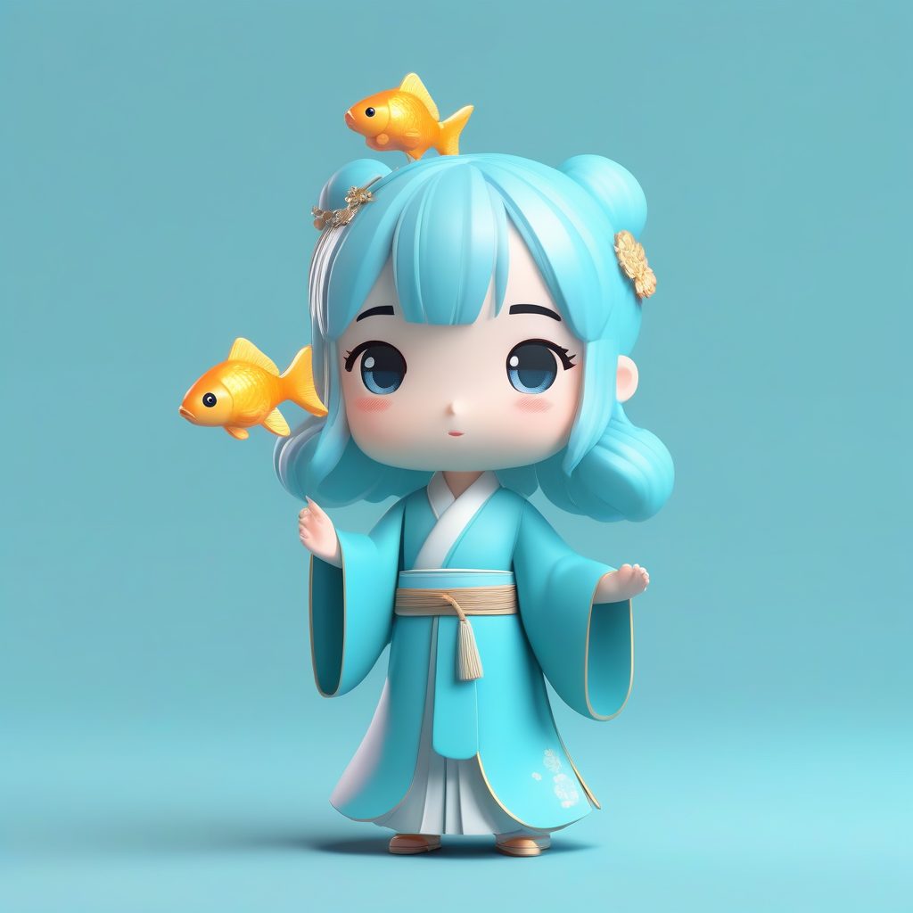 鱼乐主题Q版汉服手办：提着金鱼袋子，活泼可爱的3D模型