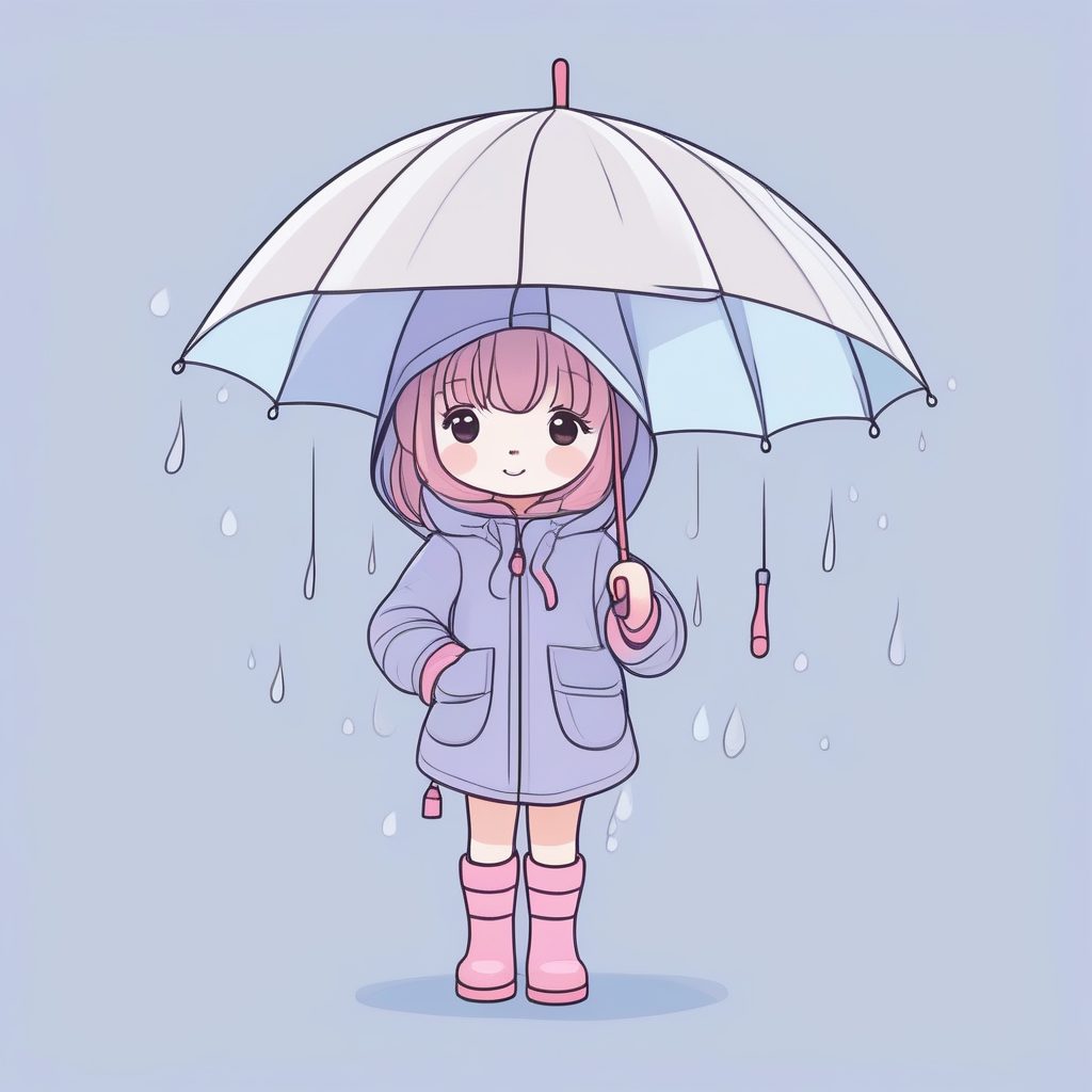 雨日甜美：Q版少女雨靴和雨伞，淡粉色调提示词