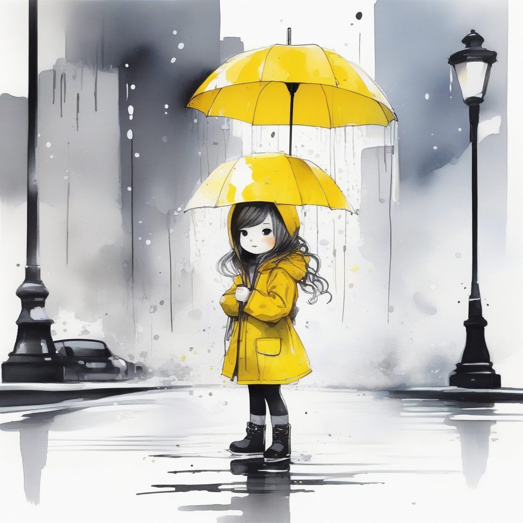 雨伞下的彩虹瀑布：线条艺术Q版少女的活力水彩瞬间