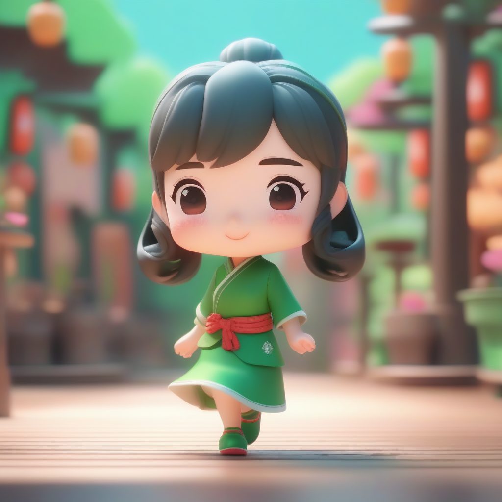 玉石绿旗袍：活力跳跃Q版少女，光追Octane渲染极简背景