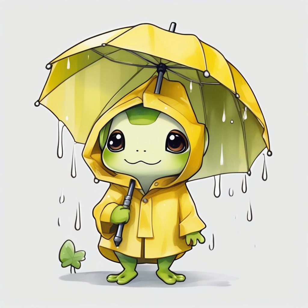 雨天小青蛙Q版人物：水彩风格，全身站立纯灰色背景提示词