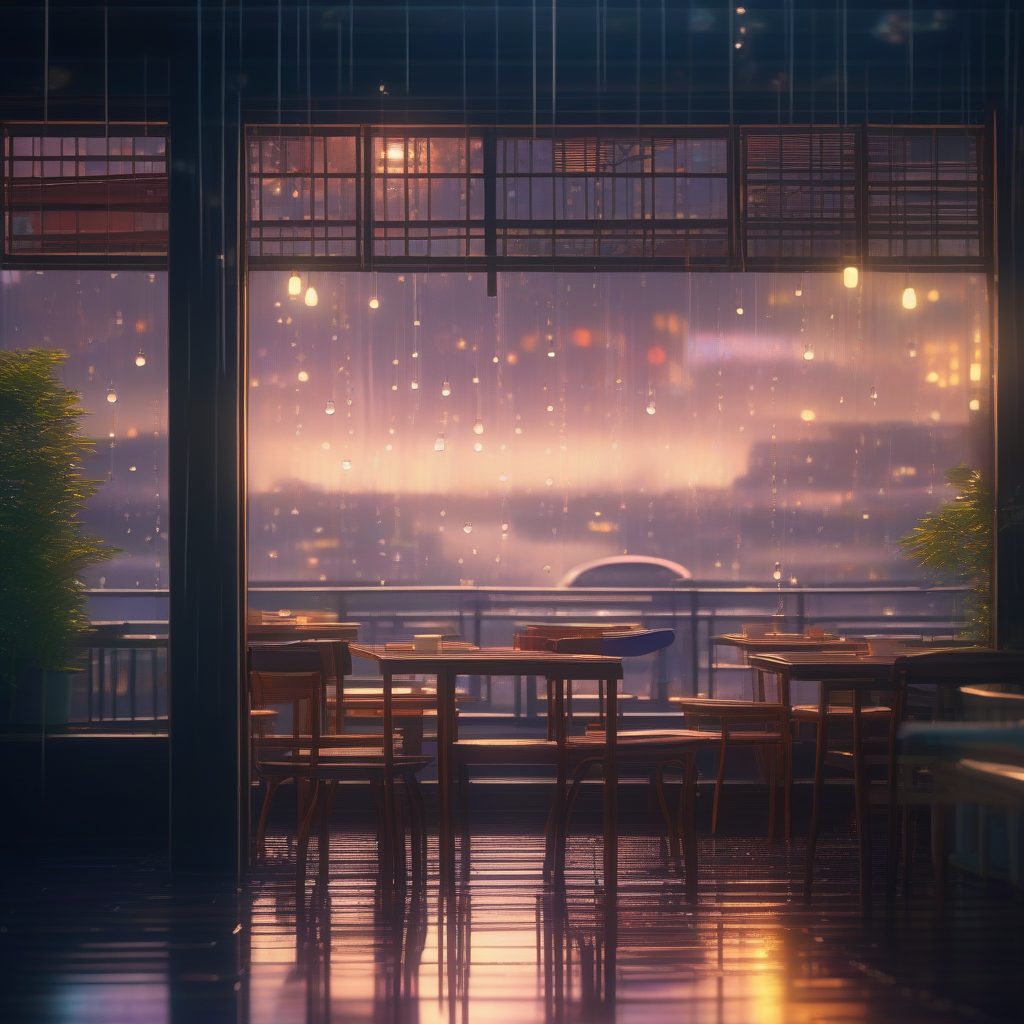 雨中咖啡馆：温暖的室内灯光与窗外朦胧的城市