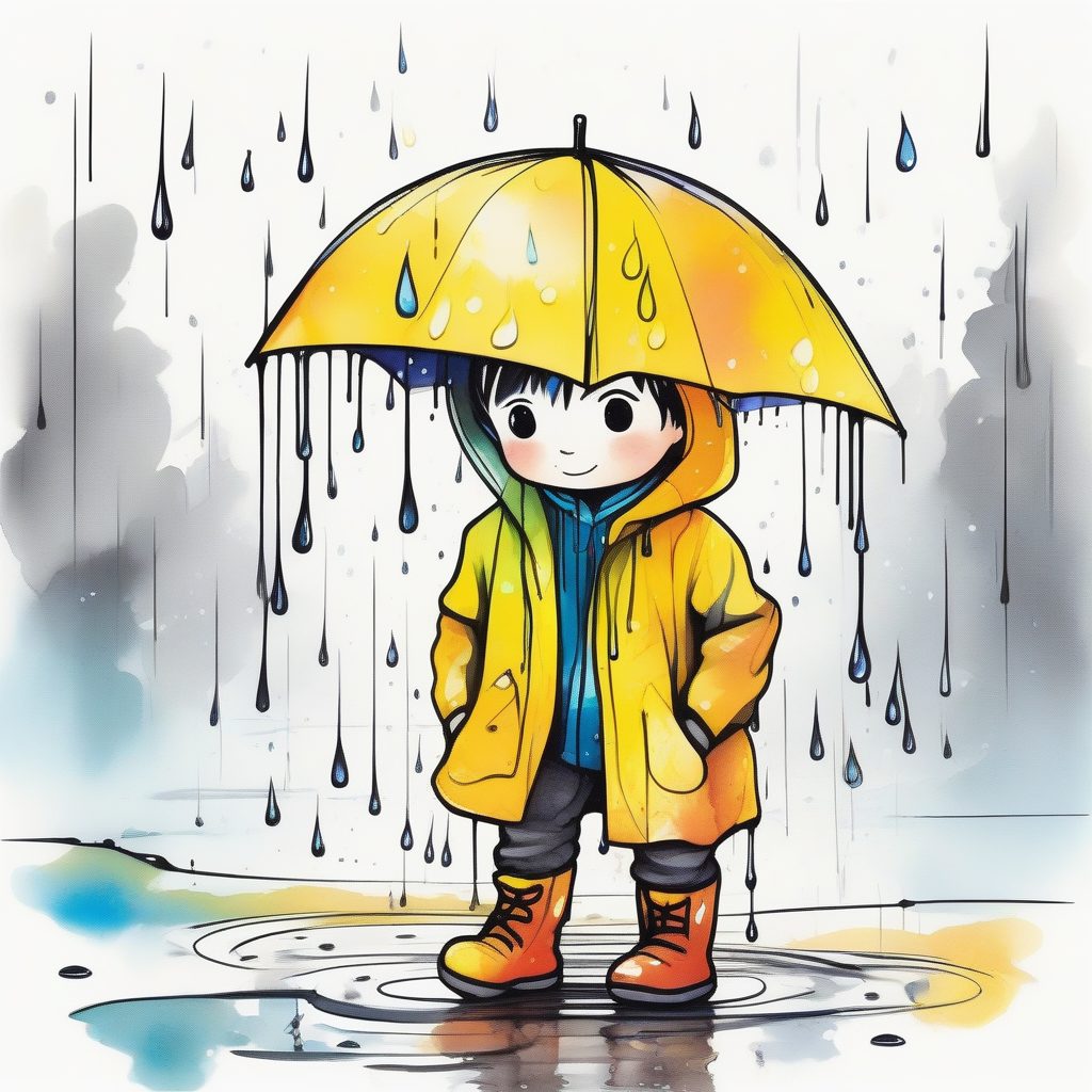 雨中探索：Q版雨衣男孩与垂直滴落的彩虹水彩