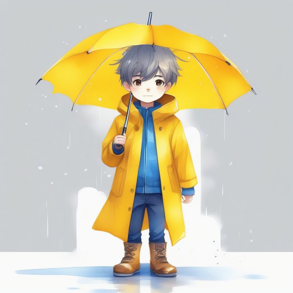 雨中甜蜜Q版男孩:柔和水彩插画,黄色雨衣与淡灰纯色背景 3 雨中甜蜜Q版男孩:柔和水彩插画,黄色雨衣与淡灰纯色背景