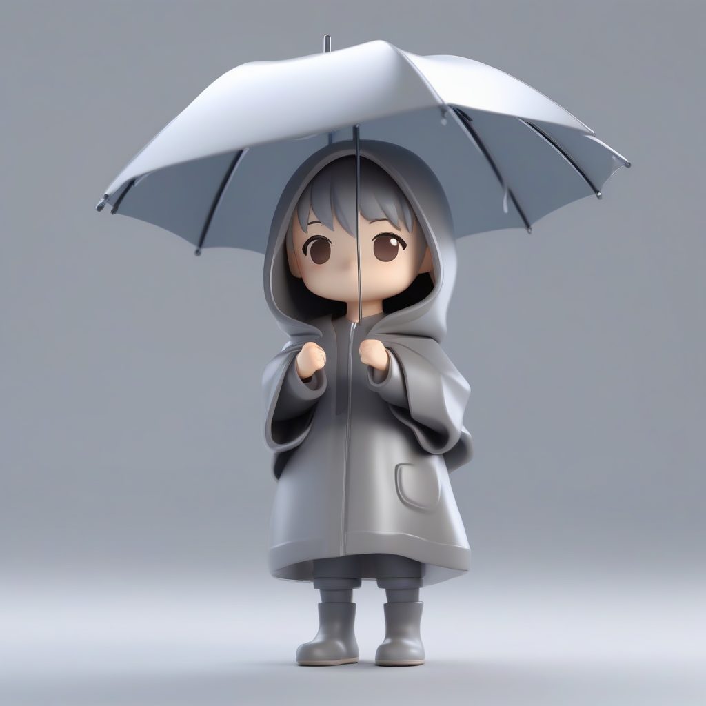 雨中天使Q版娃娃：手持雨伞、湿润光泽感、纯灰色背景