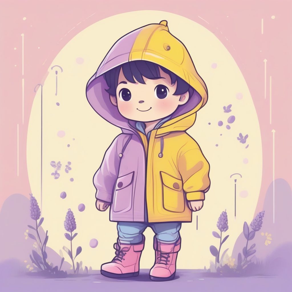 雨中嬉戏：薰衣草色背景下的极简涂鸦Q版雨衣男孩