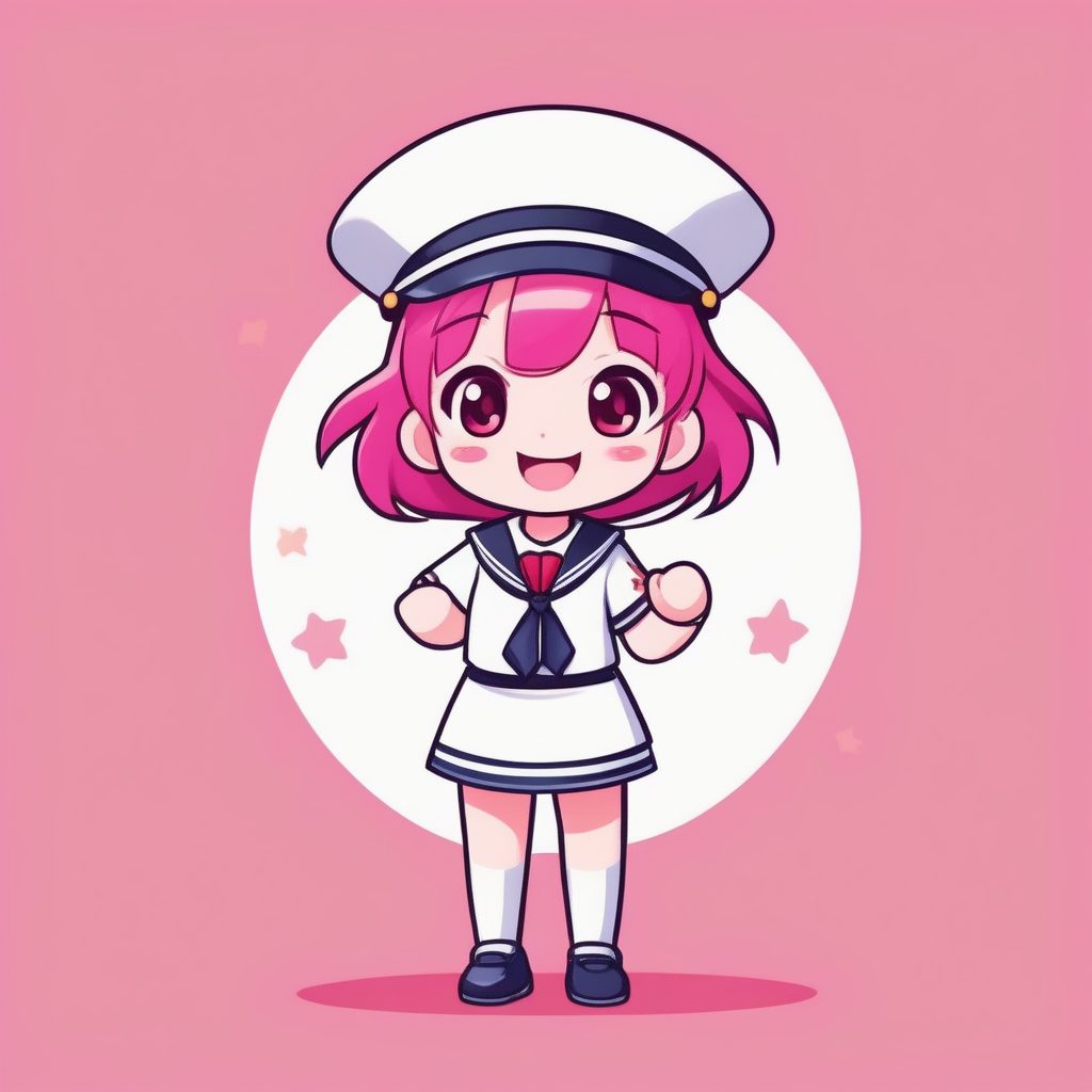 元气卡哇伊水手Q版女孩：纯色背景站姿矢量插画提示词