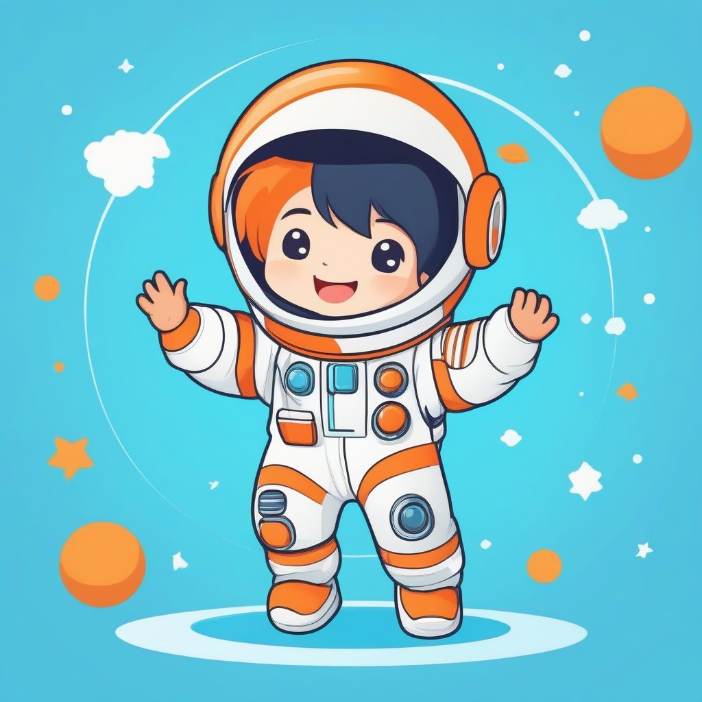 元气宇航员Q版男孩:全身站姿插画,纯色蓝背景AI提示词 1 元气宇航员Q版男孩:全身站姿插画,纯色蓝背景AI提示词