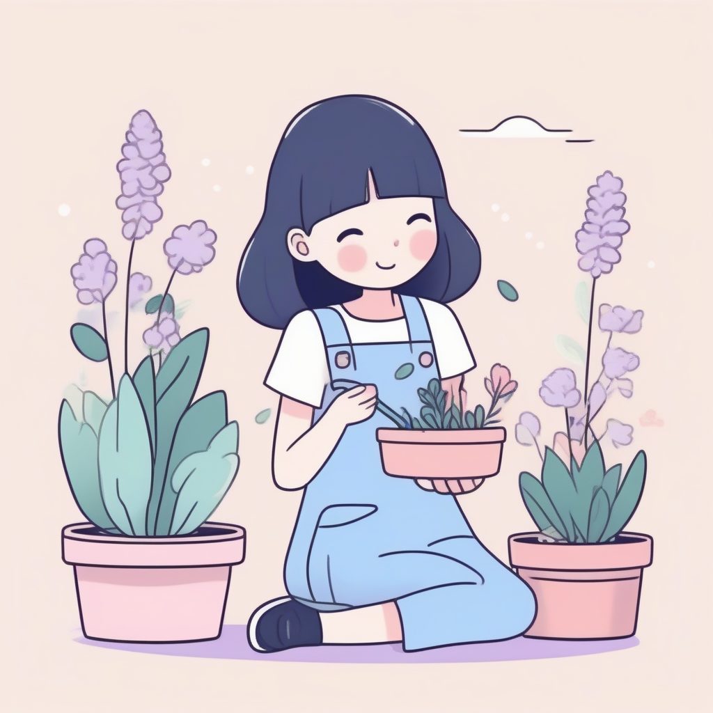 园艺粉彩系少女：浇灌盆栽的治愈系涂鸦
