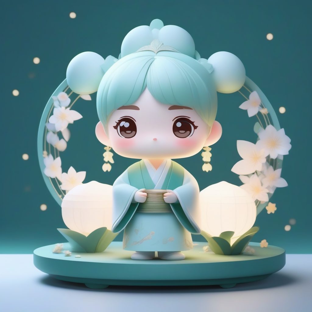 月光下的优雅：纯白汉服Q版仙子与莲花灯全身渲染