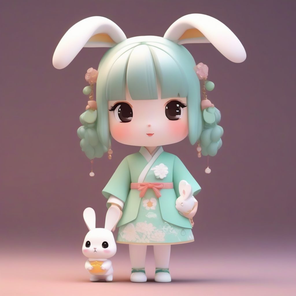 月兔白旗袍：萌系Q版手办设计，中秋主题3D全身渲染