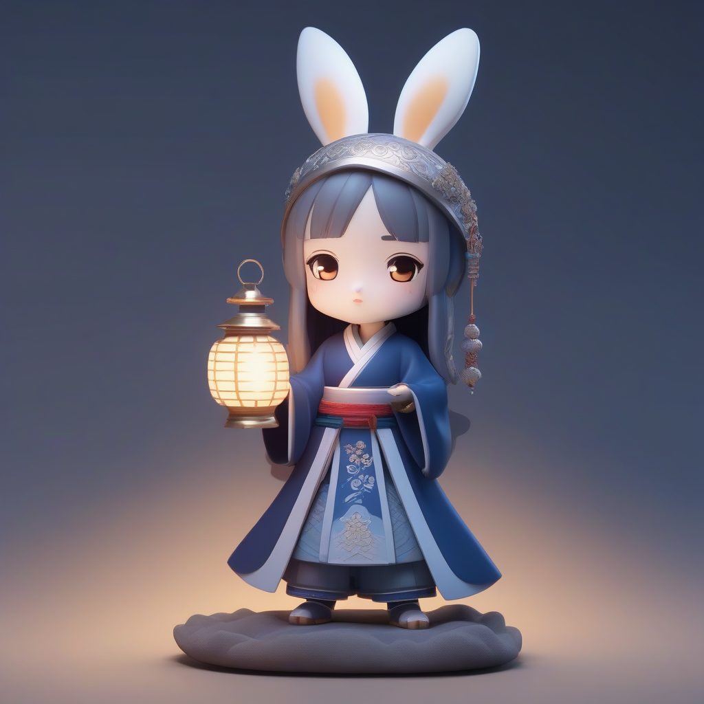 月兔伴月：蓝色系Q版汉服少女3D手办，光线追踪细节提升