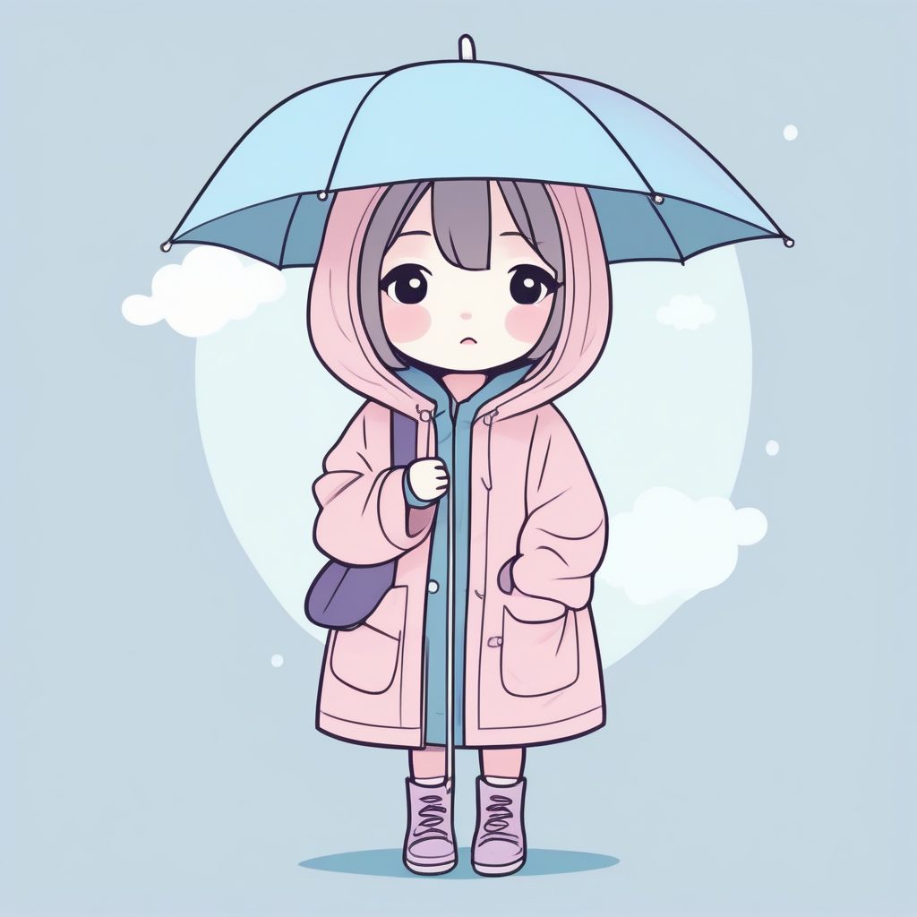 云朵雨衣Q版插画：蓝色系可爱圆润线条