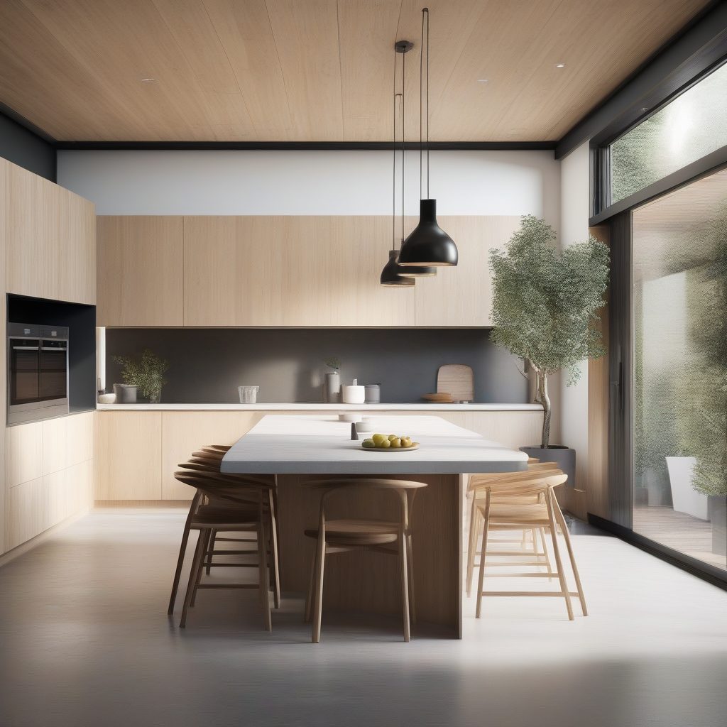 Zen极简风开放式厨房：混凝土、原木与室内橄榄树的8K和谐