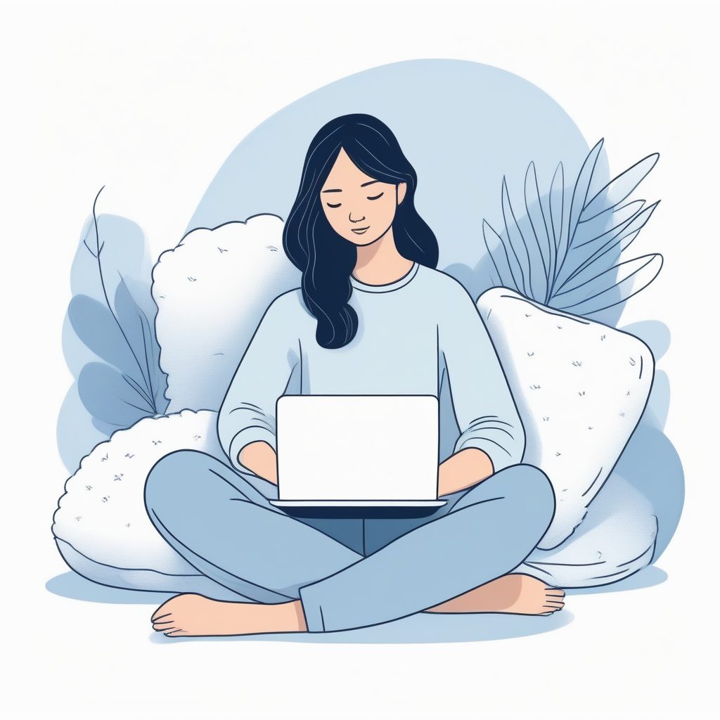 宅家时尚：抱着电脑的简约风亚洲女孩插画