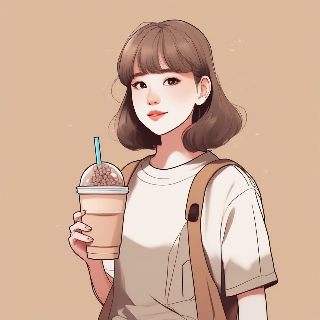 珍珠奶茶少女：休闲服饰与纯色背景的极简描绘