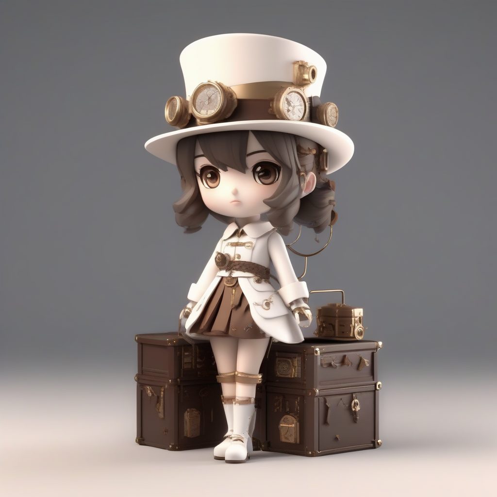 蒸气朋克洛丽塔：齿轮与黄铜色调，3D粘土雕塑站立渲染