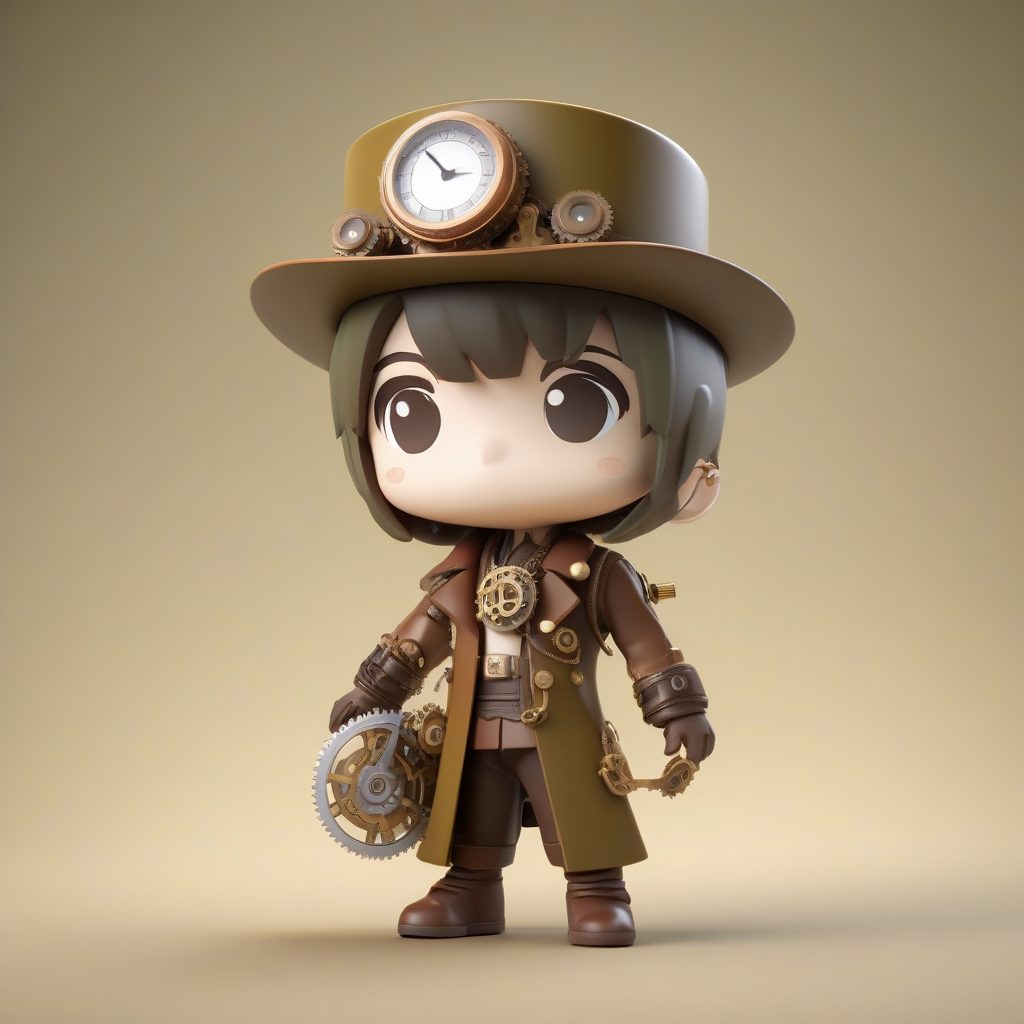 蒸汽朋克Q版发明家盲盒：高精度齿轮细节3D渲染，纯橄榄绿背景