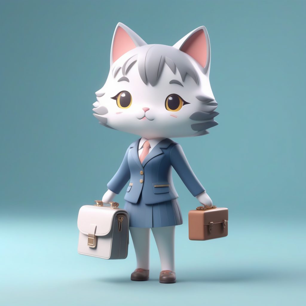 职场OL猫耳娘：极简主义动漫角色3D渲染全身站立图AI提示词
