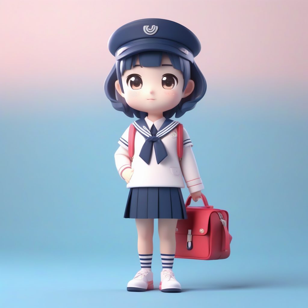 制服Q版手办：水手服女学生的超可爱3D盲盒渲染图