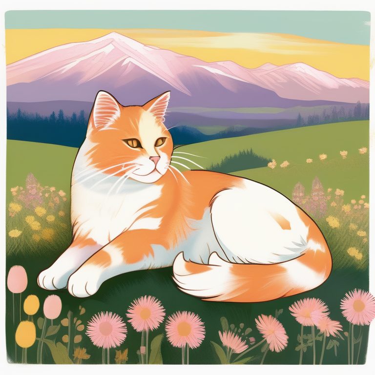 质感插画风格下的夏日猫咪与野花田