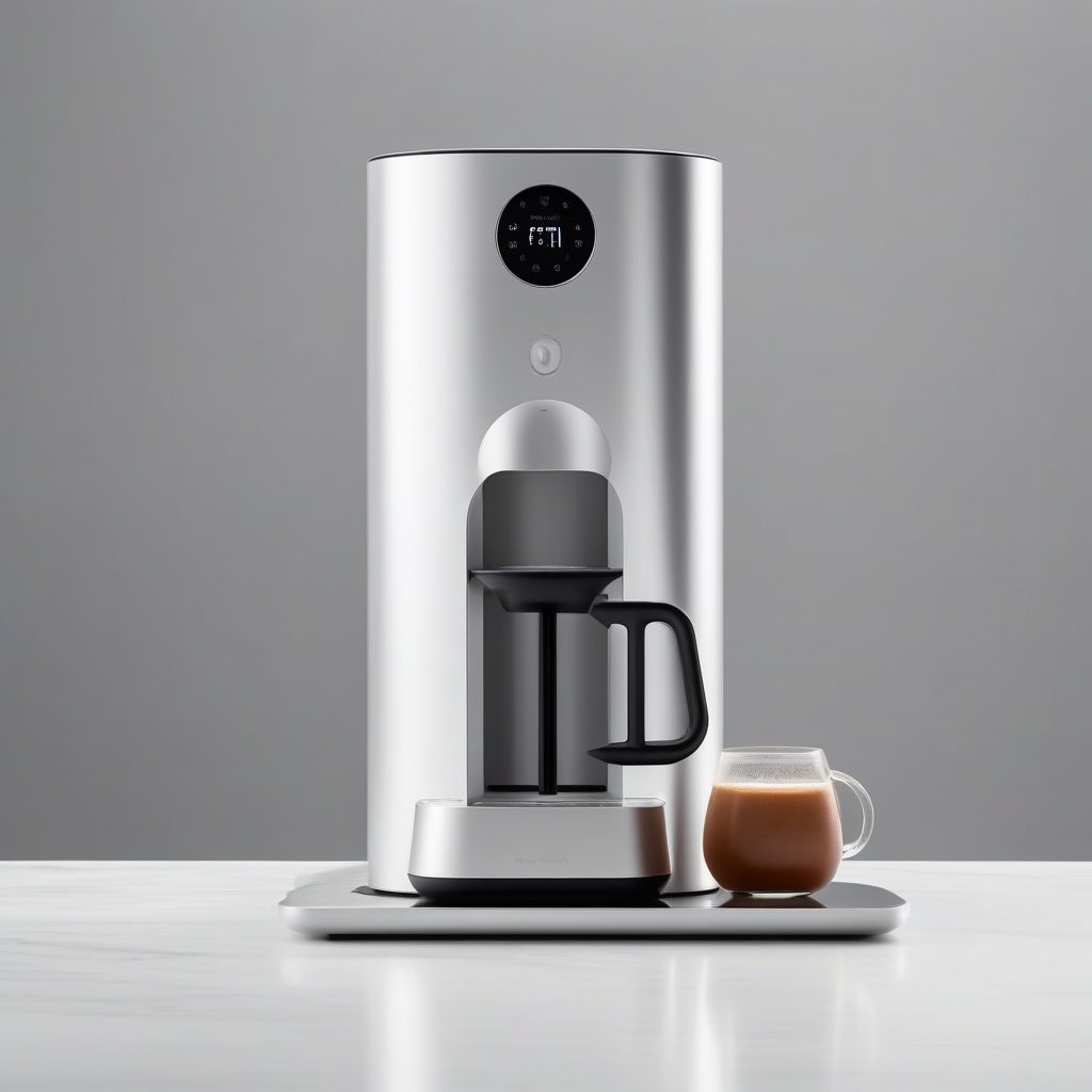 智能咖啡机设计：银色铝制机身与无缝触控界面
