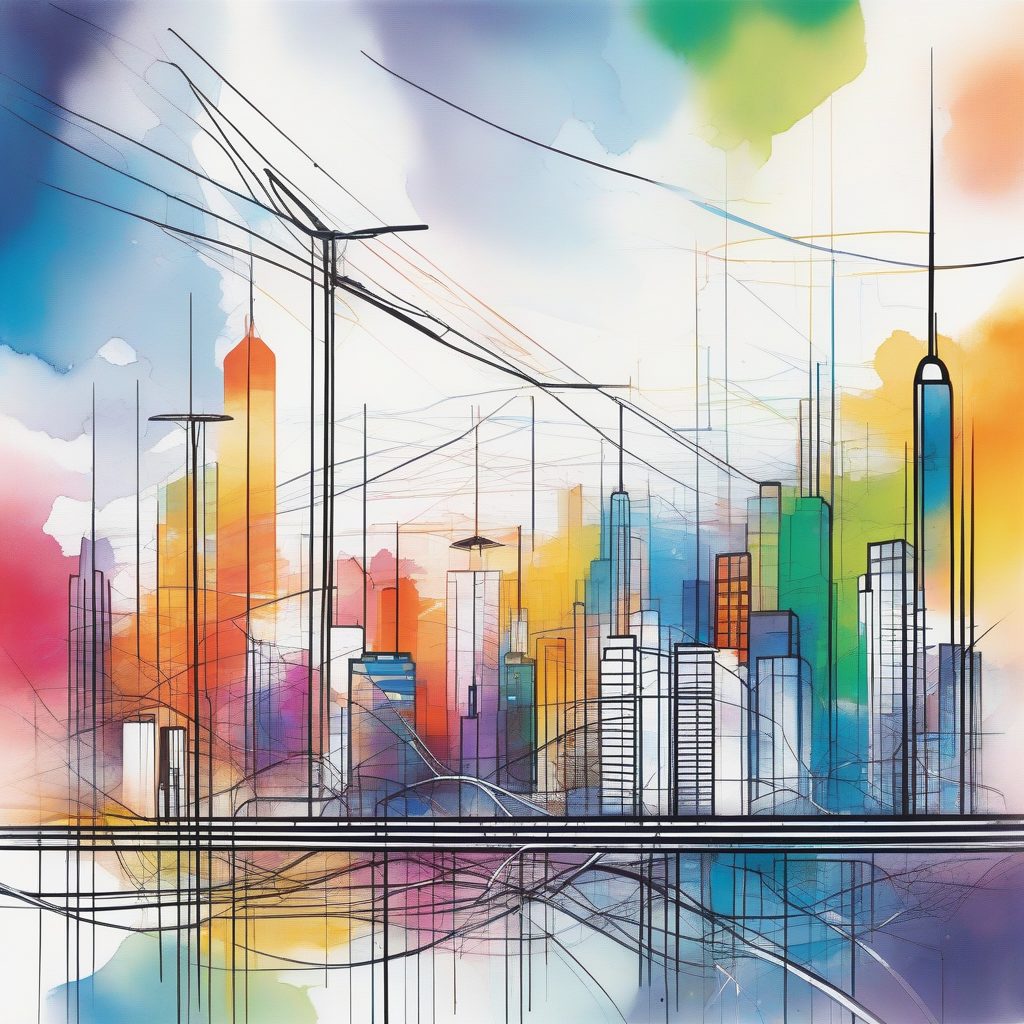 智能数据流都会：彩虹色能量网格的动态抽象表现