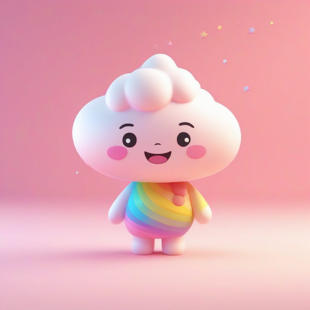 治愈系彩虹云朵Q版角色：高光3D渲染与柔和粉色纯色背景