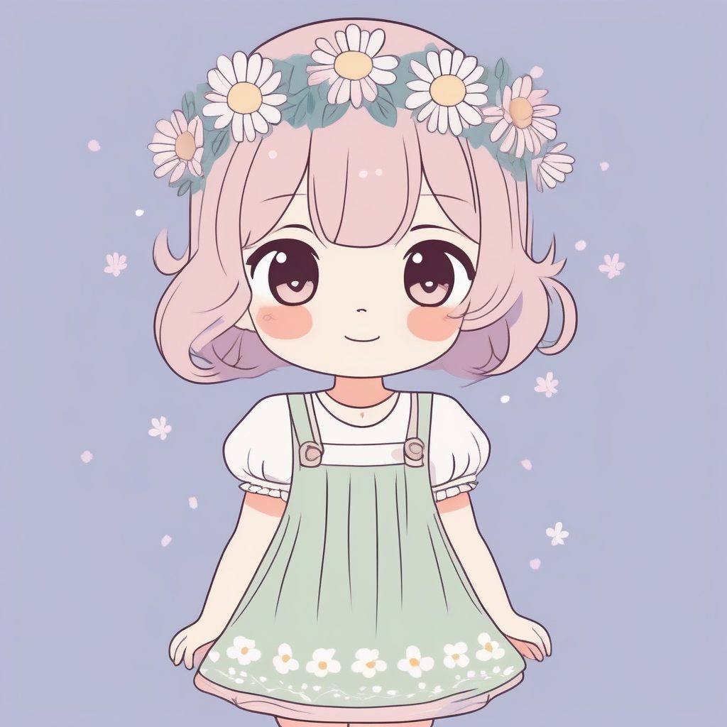 治愈系雏菊裙女孩：站立姿势涂鸦插画