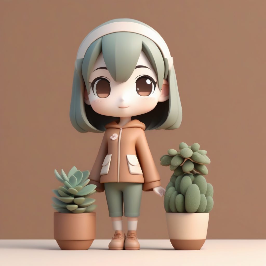 治愈系多肉Q版：自然系粘土手办与陶土色纯色背景