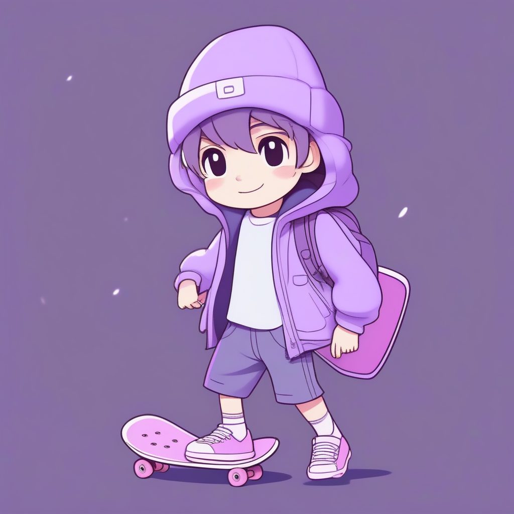 治愈系画风：戴冷帽的Q版滑板少年，柔和景深全身照AI提示词