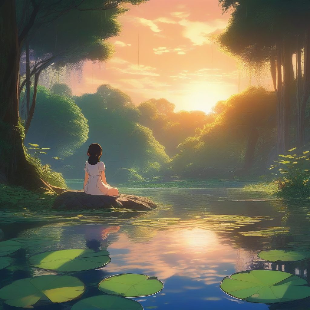 治愈系吉卜力：魔法森林池塘边的鲜艳色彩少女