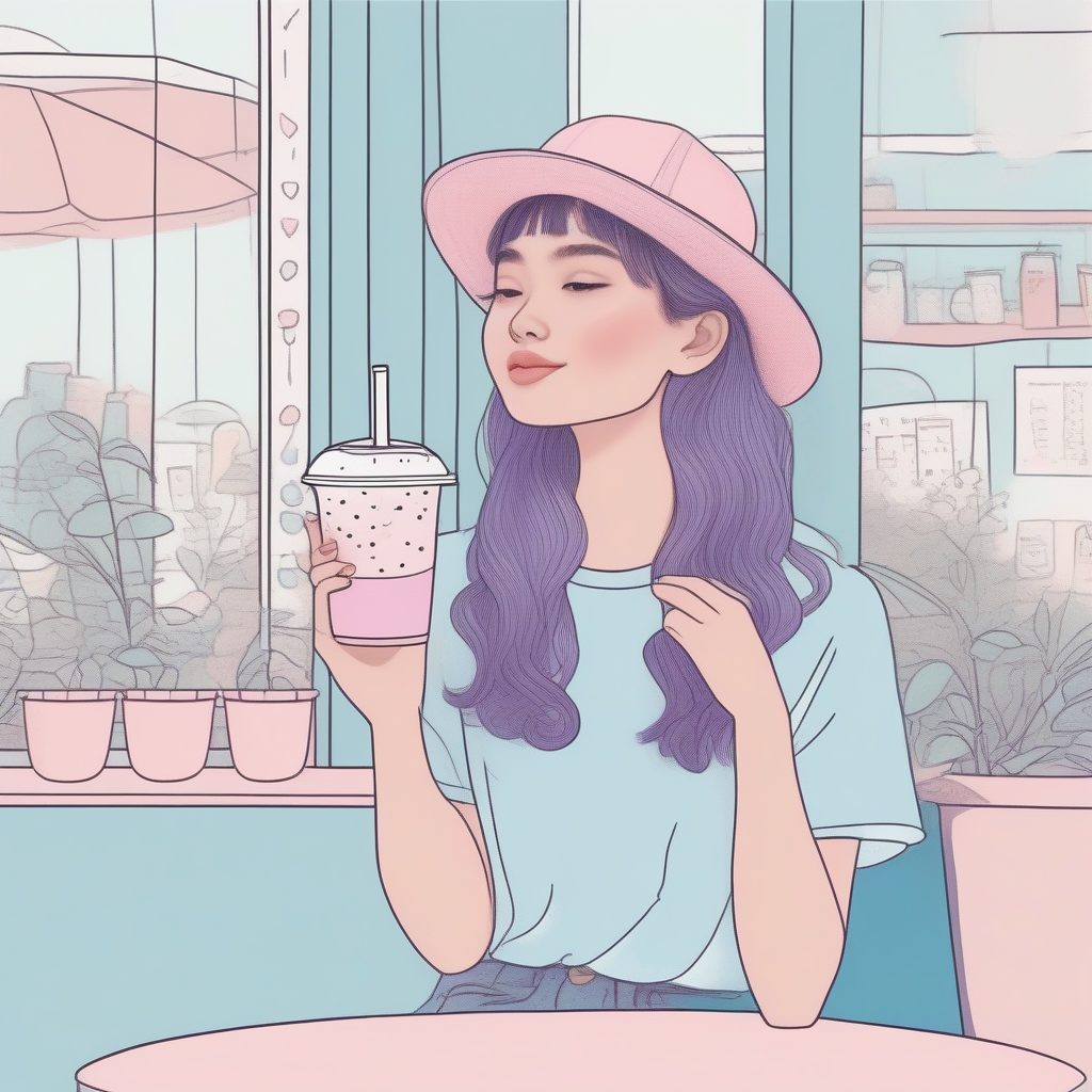 治愈系咖啡馆:粉彩圆润线条插画女孩