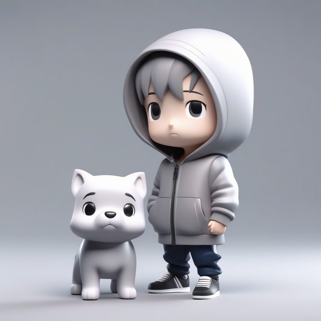 治愈系盲盒：Q版银发少年抱紧机械狗，磨砂灰背景3D渲染