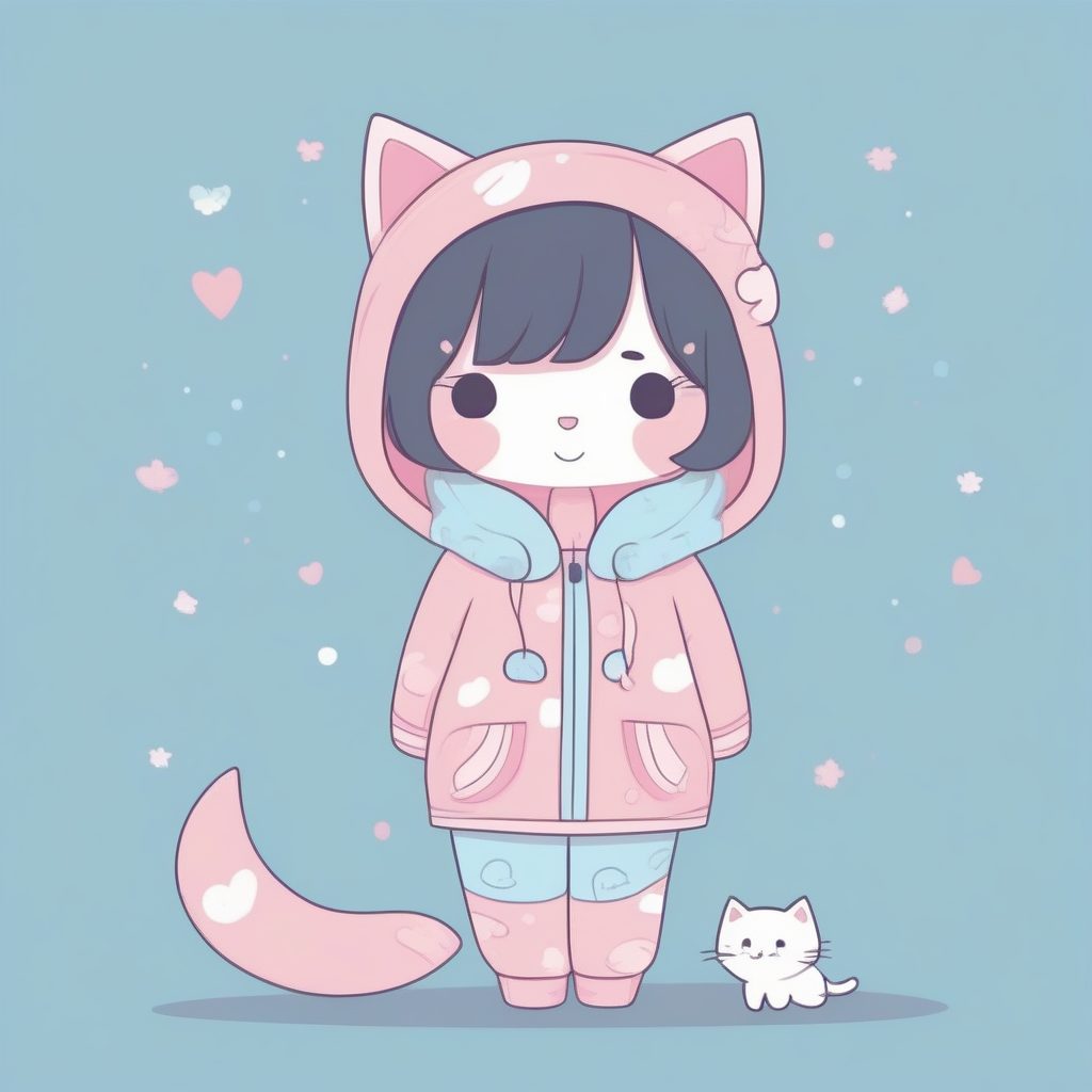 治愈系猫咪Chibi女孩：极简柔和线条全身插画AI提示词