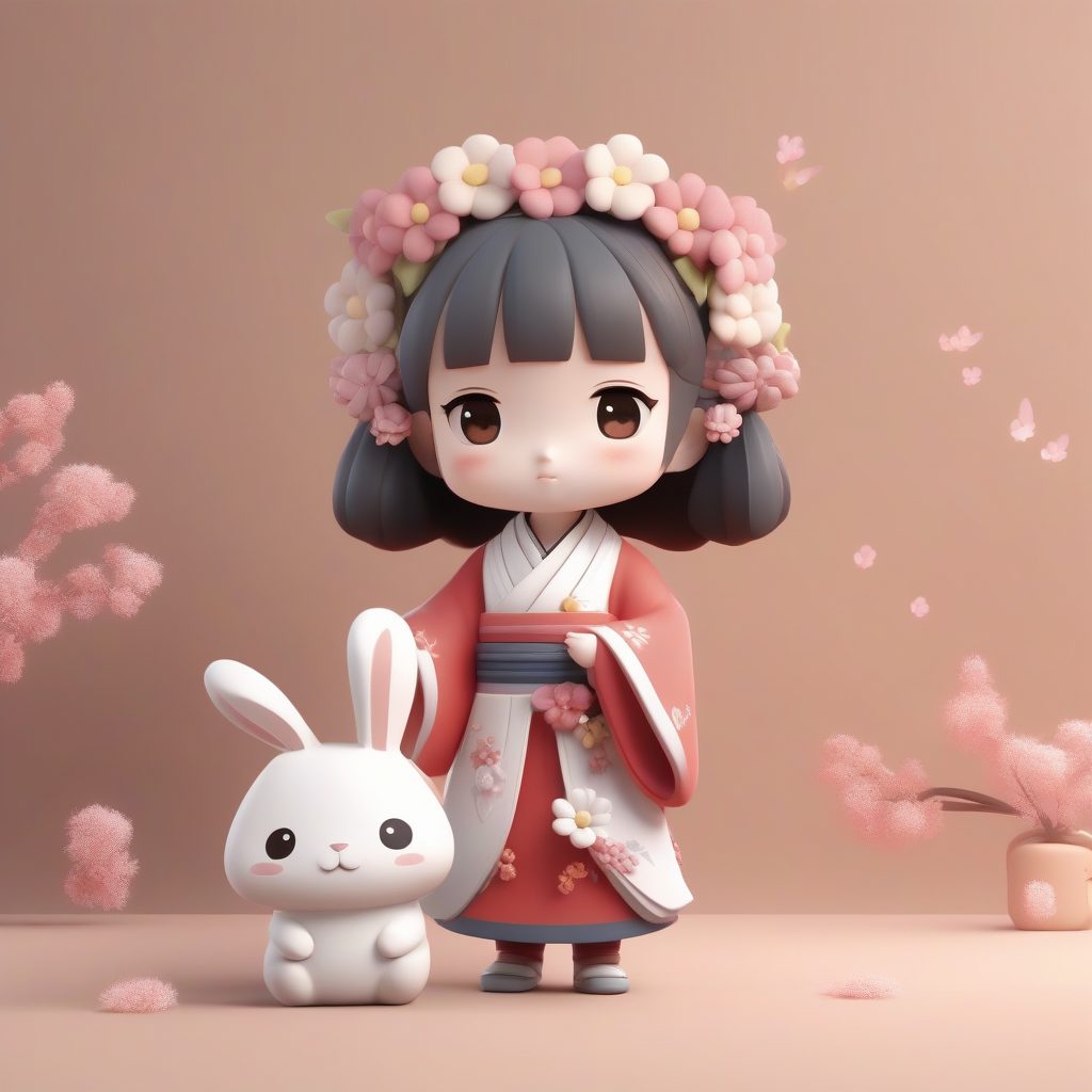 治愈系：奶油色Q版汉服女孩，抱着兔子，全身Pop Mart手办