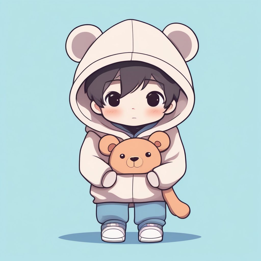 治愈系Q版：穿着连帽衫抱着泰迪熊的可爱小男孩站立照