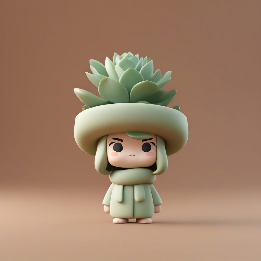 治愈系Q版多肉植物角色：3D粘土质感全身照，简约陶土纯色背景提示词