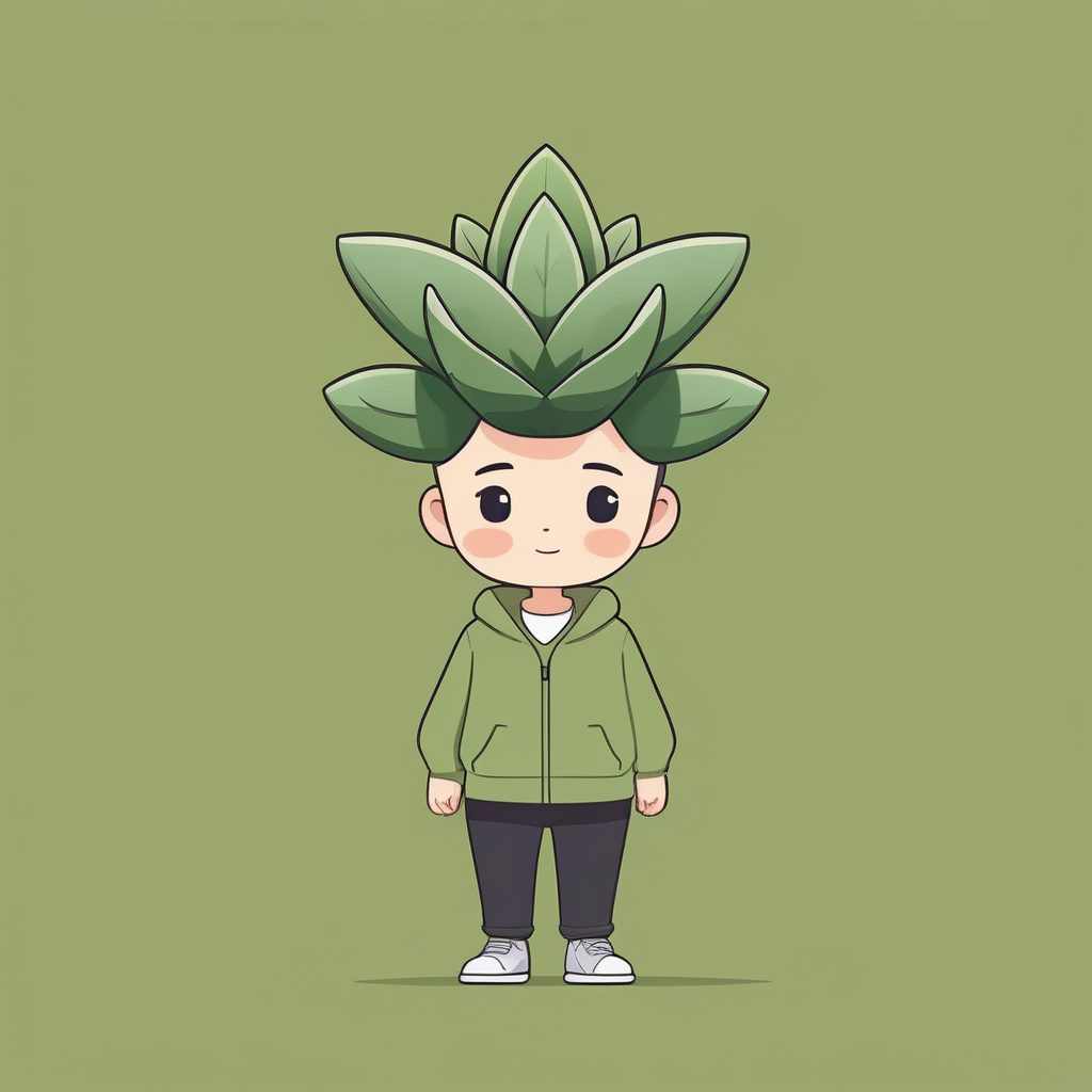 治愈系Q版多肉植物角色：全身特写，纯橄榄绿背景