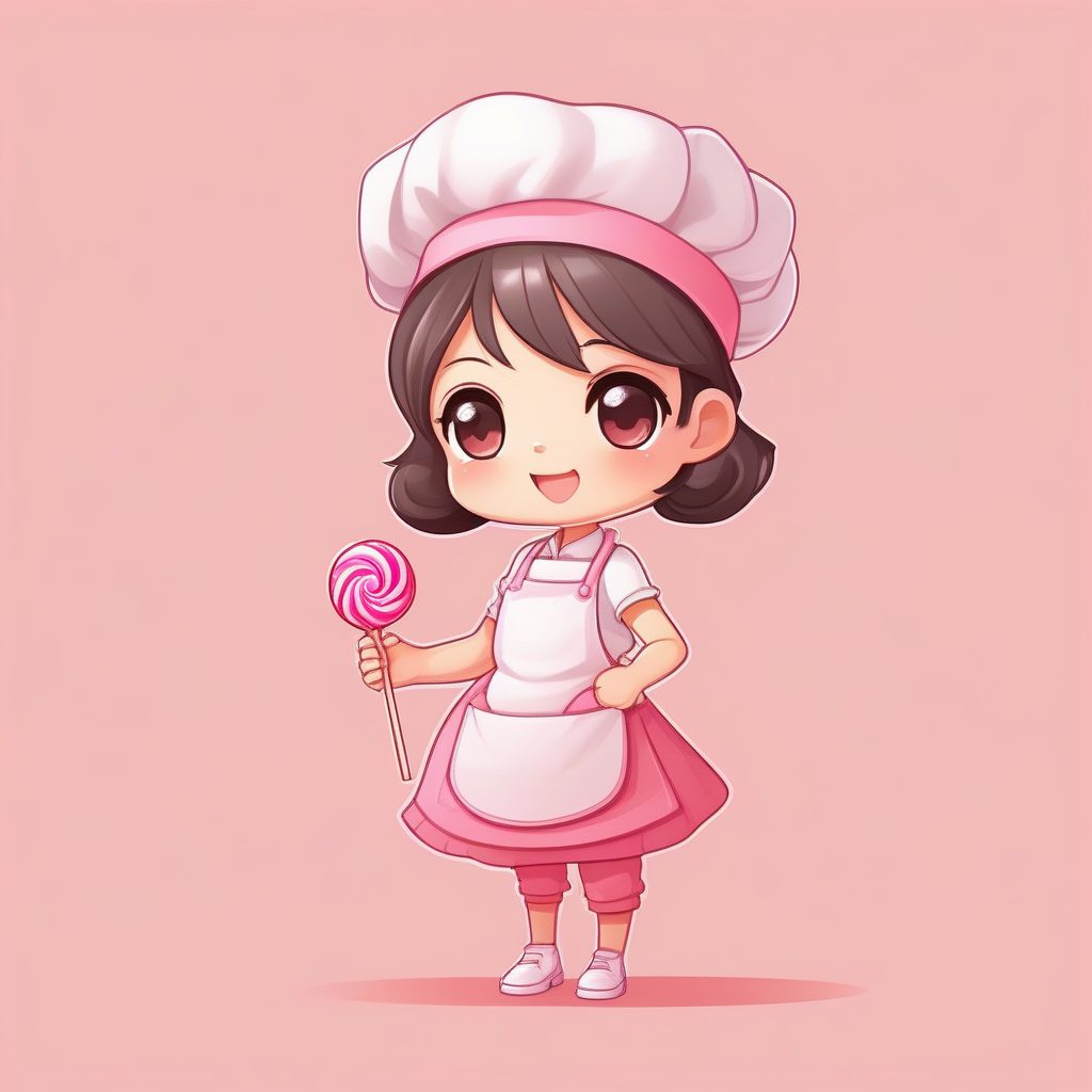 治愈系Q版甜点师：马卡龙色系全身图，纯粉色背景提示词