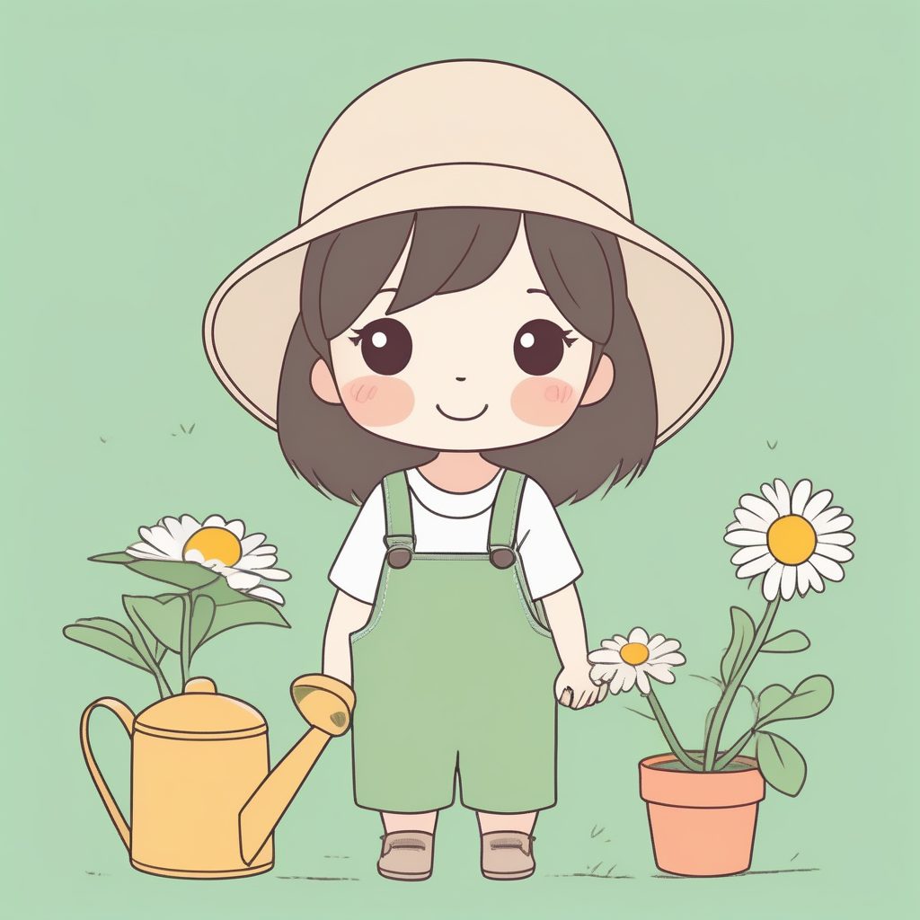 治愈系Q版园艺女孩2D插画：柔和蜡笔纹理AI提示词